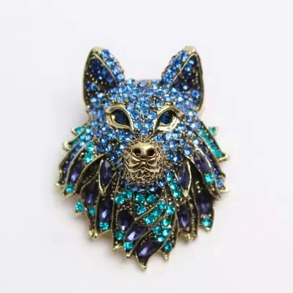 Betsey Johnson Wolf Crystal Blue Crystal Brooch - Picture 1 of 8